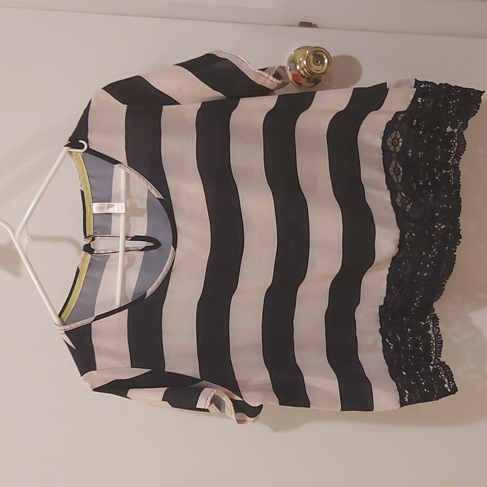 Xhilaration Navy and White Striped with Lace Woman's Blouse